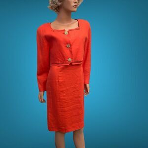 Vtg 80s Scaasi Linen Suit Set Dress Lined Cropped Jacket Celestial Buttons Sz 12